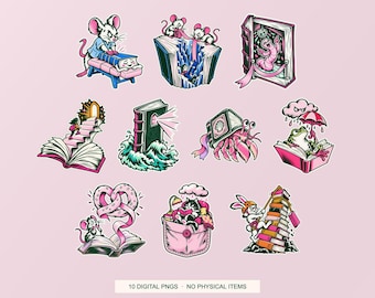 Lot de 10 images clipart PNG « Petites aventures livresques », avec fond transparent (téléchargement numérique)