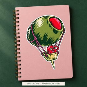 Olive Hot Air Balloon displayed on a notebook. Digital mockup showing a creative use for the PNG.
