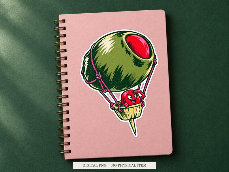 Olive Hot Air Balloon displayed on a notebook. Digital mockup showing a creative use for the PNG.