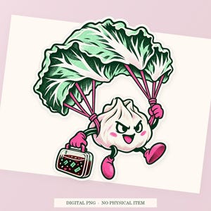 Emergency Dumpling Parachute close view showing the pink and green artwork and white outline.