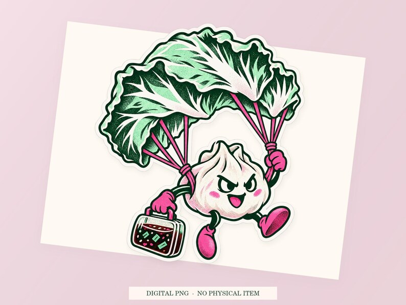 Emergency Dumpling Parachute close view showing the pink and green artwork and white outline.
