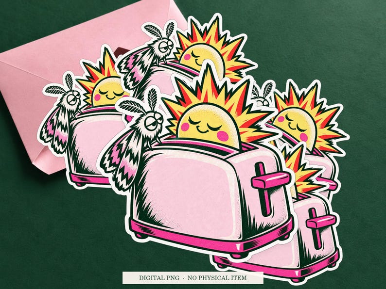 Toaster Sunrise displayed on an envelope with a green background. Digital mockup, no physical item included.
