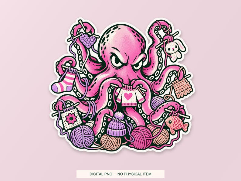Lucky Somewhere Crochet Octopus Overtime digital PNG artwork shown in a styled preview. One design. Digital download only, no physical item.