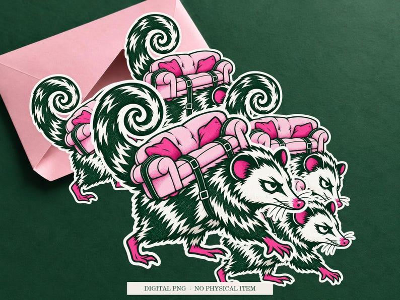Possum Backup Plan displayed on an envelope with a green background. Digital mockup, no physical item included.