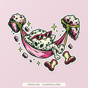 K&ouml;nnte beinhalten: Eine Aufkleber-Illustration einer wei&szlig;en, gefleckten, mond&auml;hnlichen Figur mit rot umrandeter Sonnenbrille und Stiefeln, die in einer rosa H&auml;ngematte zwischen zwei schwebenden, rosa-schwarzen, kraterartigen Felsen entspannt, akzentuiert durch kleine gelbe Sterne.