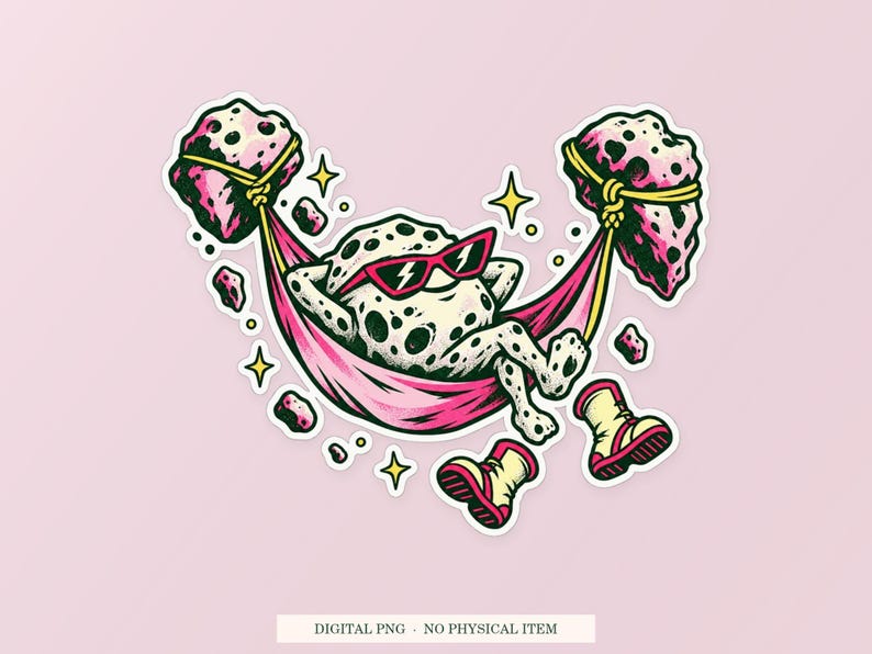 K&ouml;nnte beinhalten: Eine Aufkleber-Illustration einer wei&szlig;en, gefleckten, mond&auml;hnlichen Figur mit rot umrandeter Sonnenbrille und Stiefeln, die in einer rosa H&auml;ngematte zwischen zwei schwebenden, rosa-schwarzen, kraterartigen Felsen entspannt, akzentuiert durch kleine gelbe Sterne.