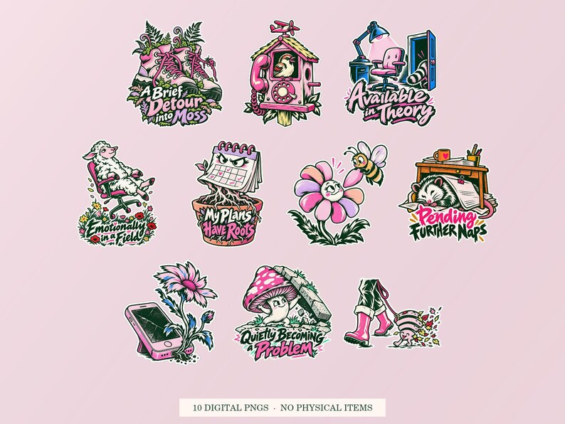 Offline and Unbothered cover showing ten pink and green designs. Digital PNG bundle, no physical item.