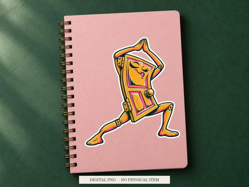 Door Hinge Yoga displayed on a notebook. Digital mockup showing a creative use for the PNG.