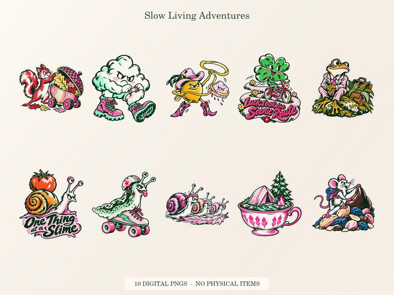 Slow Living Adventures overview showing all ten included transparent PNG designs.