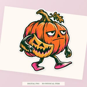 Close view of the pink and green Pumpkin Spare Smile illustration with its white outline on a styled background. One transparent PNG digital download.