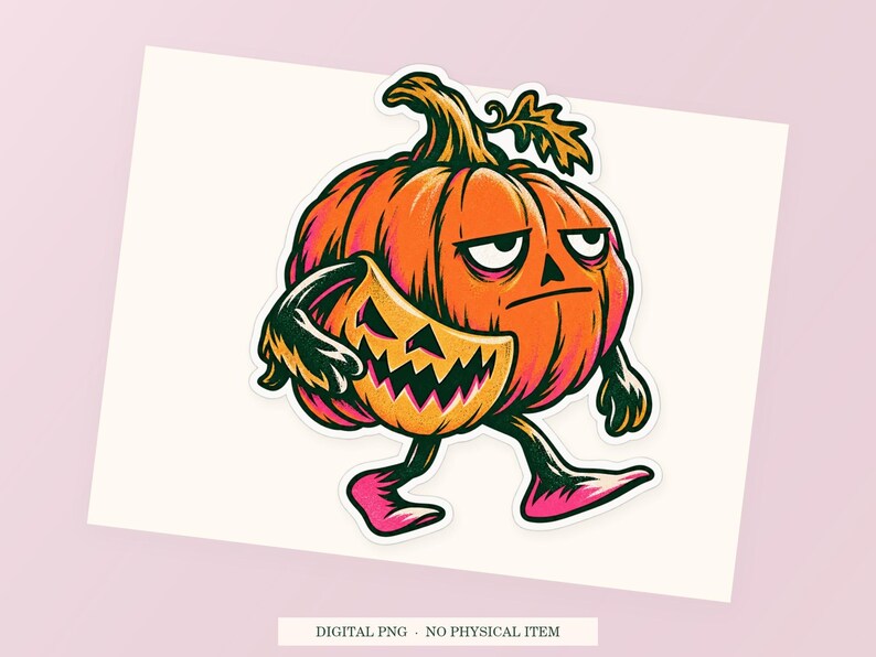 Close view of the pink and green Pumpkin Spare Smile illustration with its white outline on a styled background. One transparent PNG digital download.