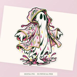 Close view of the pink and green Ghost Raincoat Problem illustration with its white outline on a styled background. One transparent PNG digital download.