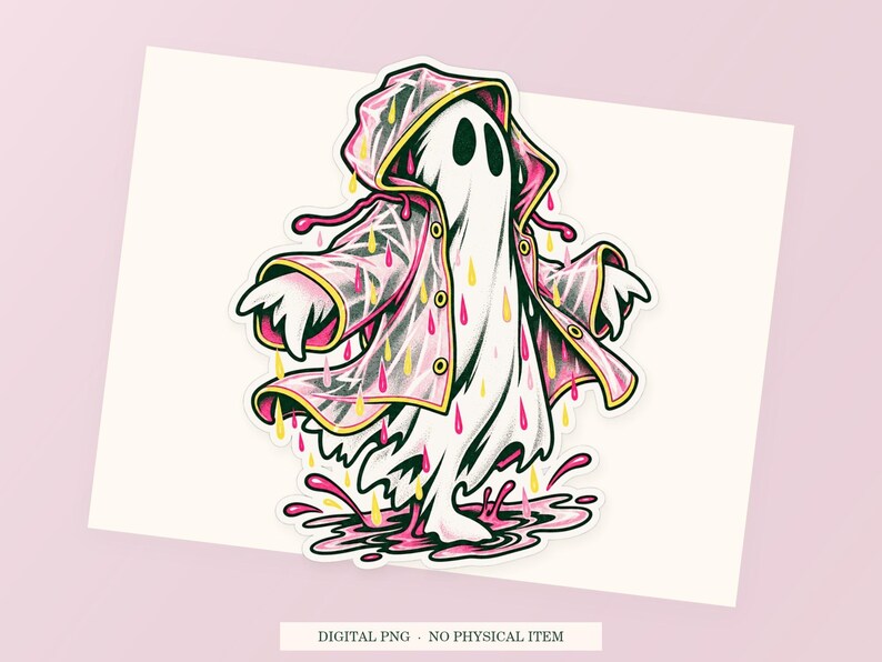 Close view of the pink and green Ghost Raincoat Problem illustration with its white outline on a styled background. One transparent PNG digital download.