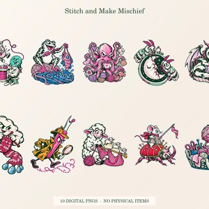 Overview of all ten Stitch and Make Mischief designs arranged on a cream background: Button Reunion, Crochet Hook Fishing, Crochet Octopus Overtime, Embroidery Moon Repair, Fabric Scrap Dragon, Knitting Forecast, Seam Ripper Detective, Stitch Counter Sheep, Thimble Knight and Yarn Escape Route.