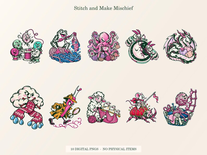 Overview of all ten Stitch and Make Mischief designs arranged on a cream background: Button Reunion, Crochet Hook Fishing, Crochet Octopus Overtime, Embroidery Moon Repair, Fabric Scrap Dragon, Knitting Forecast, Seam Ripper Detective, Stitch Counter Sheep, Thimble Knight and Yarn Escape Route.