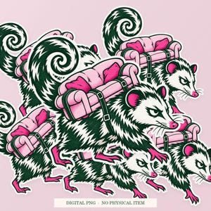 Possum Backup Plan shown in a playful sticker cluster on powder pink. Digital mockup, no physical stickers included.