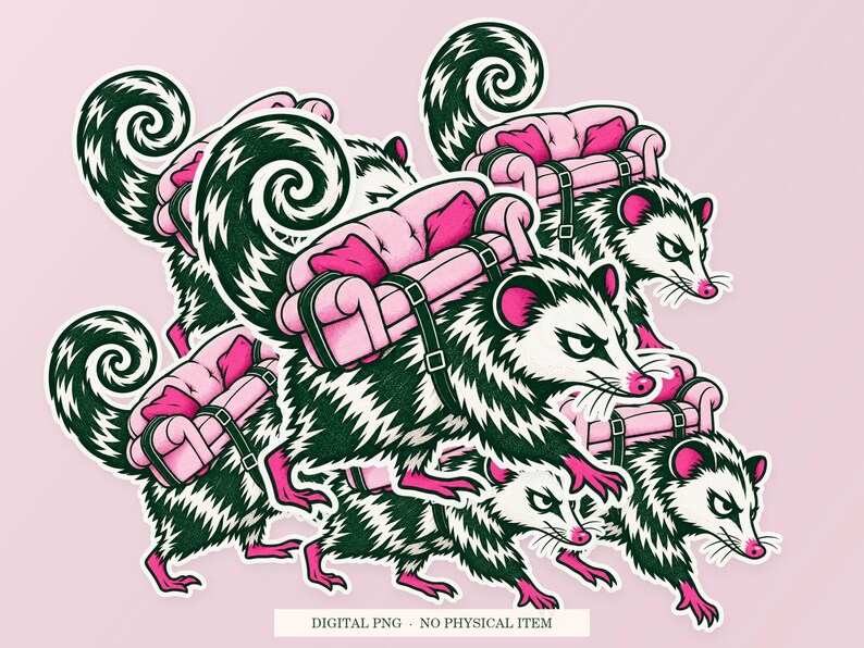 Possum Backup Plan shown in a playful sticker cluster on powder pink. Digital mockup, no physical stickers included.