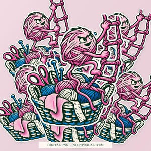 Yarn Escape Route artwork shown as overlapping white outlined sticker cutouts on a pink background. Styled mockup for a digital PNG; physical stickers are not included.