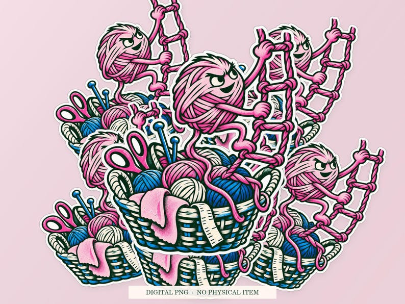 Yarn Escape Route artwork shown as overlapping white outlined sticker cutouts on a pink background. Styled mockup for a digital PNG; physical stickers are not included.