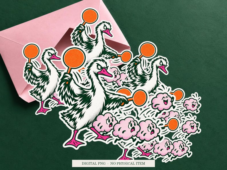 Goose Thought Traffic artwork shown as a sticker on a cream envelope against green. Digital PNG mockup; envelope and physical sticker are not included.