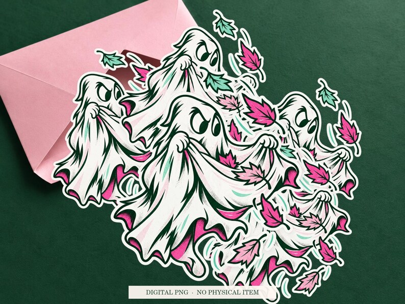 Ghost Autumn Collector artwork shown as a sticker on a cream envelope against green. Digital PNG mockup; envelope and physical sticker are not included.