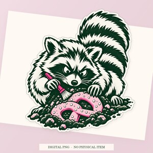 Raccoon Snack Archaeologist close view showing the pink and green artwork and white outline.