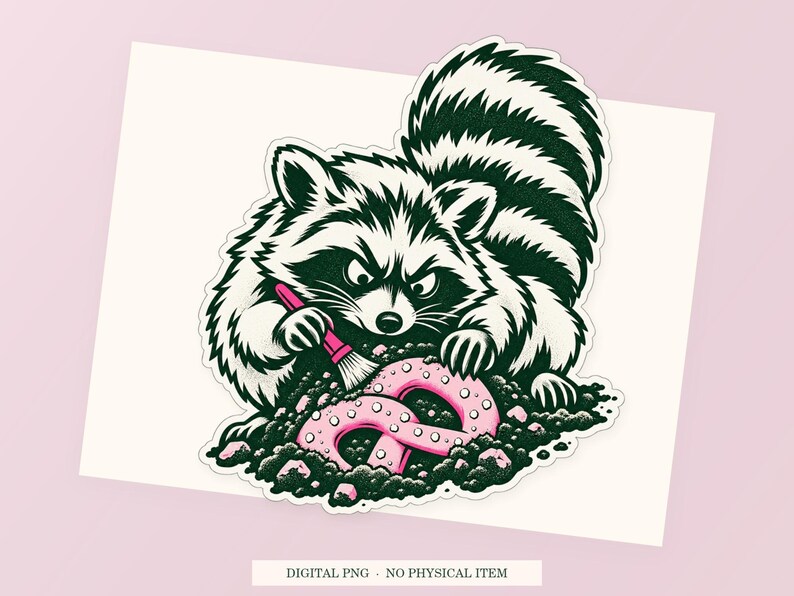 Raccoon Snack Archaeologist close view showing the pink and green artwork and white outline.