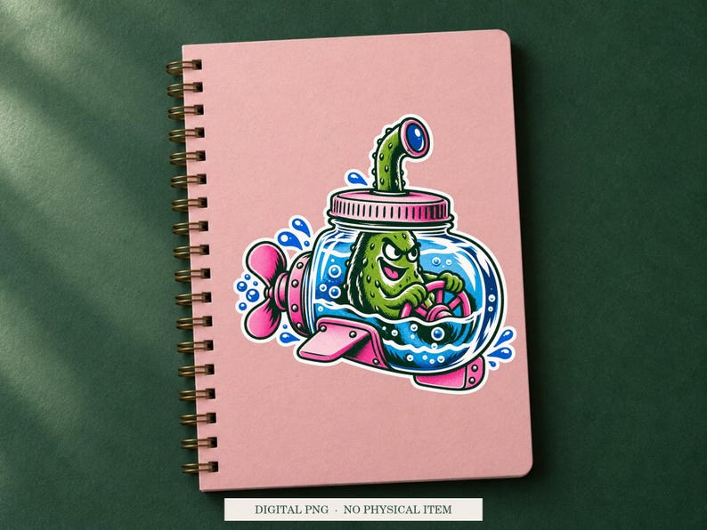 Pickle Jar Submarine displayed on a notebook. Digital mockup showing a creative use for the PNG.