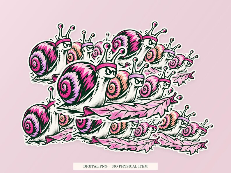 Snail Run Club shown in a playful sticker cluster on powder pink. Digital mockup, no physical stickers included.