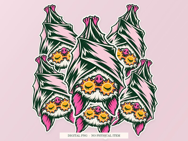Bat Sleep Mask artwork shown as overlapping white outlined sticker cutouts on a pink background. Digital PNG mockup; physical stickers are not included.