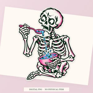 Close view of the pink and green Skeleton Soup Strainer illustration with its white outline on a styled background. One transparent PNG digital download.