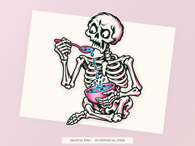 Close view of the pink and green Skeleton Soup Strainer illustration with its white outline on a styled background. One transparent PNG digital download.