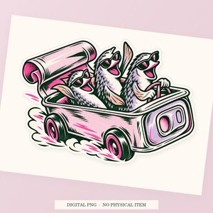 Sardine Escape Vehicle close view showing the pink and green artwork and white outline.