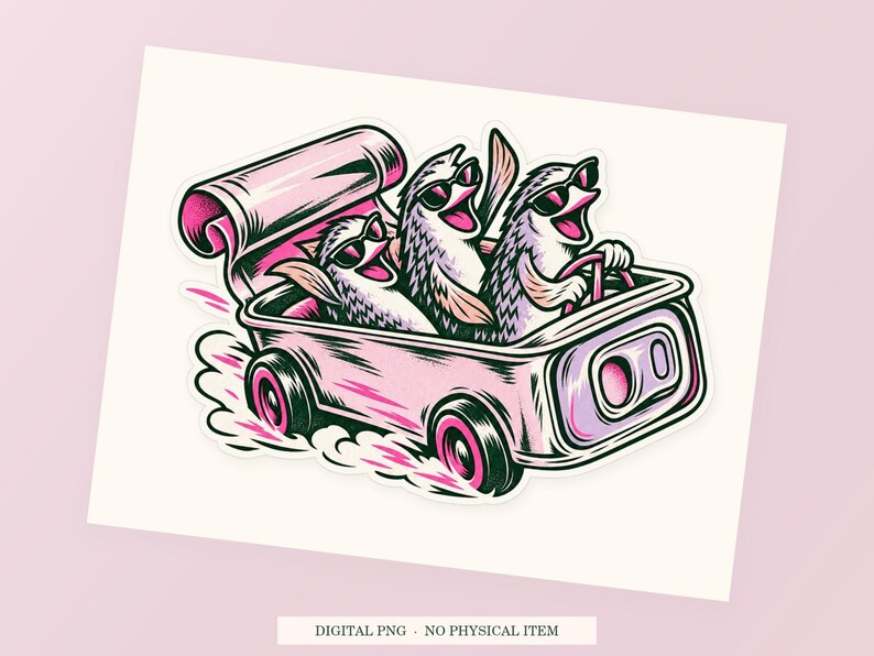 Sardine Escape Vehicle close view showing the pink and green artwork and white outline.
