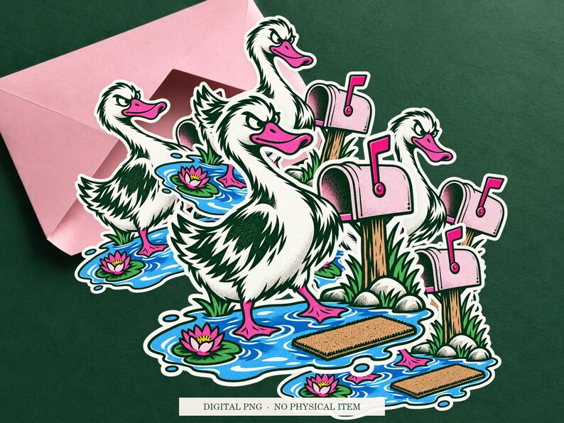 Duck Puddle Property artwork shown as a sticker on a cream envelope against green. Digital PNG mockup; envelope and physical sticker are not included.
