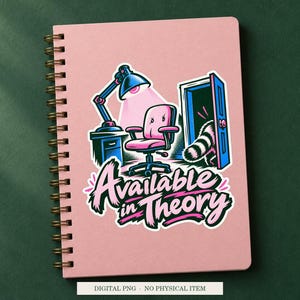 Available in Theory displayed on a notebook. Digital mockup showing a creative use for the PNG.