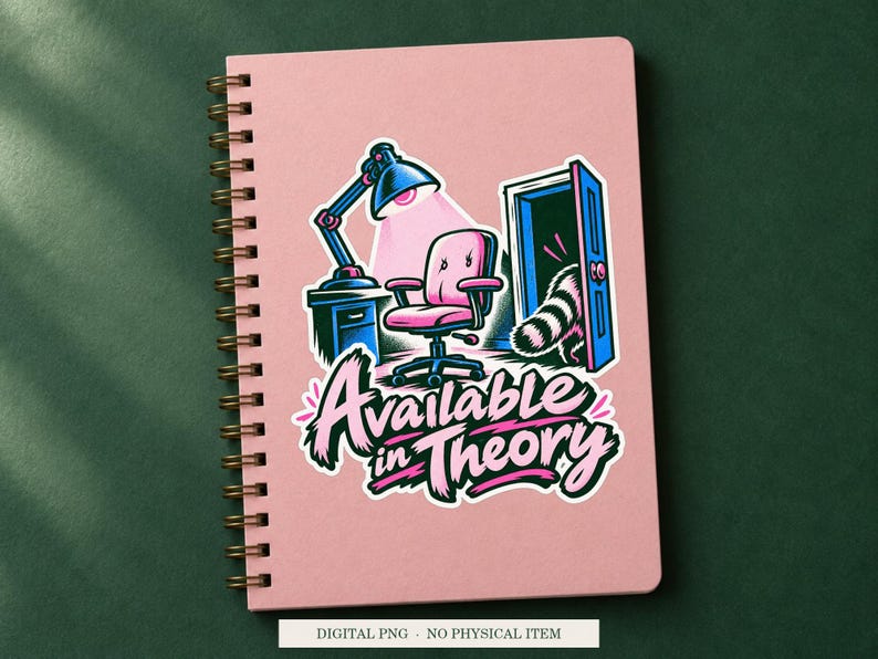 Available in Theory displayed on a notebook. Digital mockup showing a creative use for the PNG.
