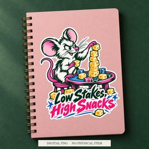Low Stakes High Snacks displayed on a notebook. Digital mockup showing a creative use for the PNG.
