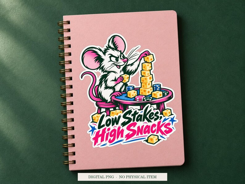 Low Stakes High Snacks displayed on a notebook. Digital mockup showing a creative use for the PNG.