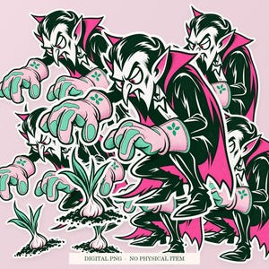 Vampire Garlic Gardener artwork shown as overlapping white outlined sticker cutouts on a pink background. Digital PNG mockup; physical stickers are not included.