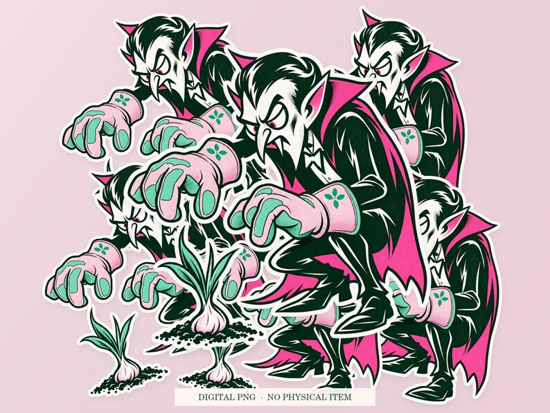 Vampire Garlic Gardener artwork shown as overlapping white outlined sticker cutouts on a pink background. Digital PNG mockup; physical stickers are not included.