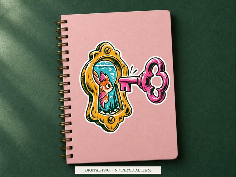 Keyhole Aquarium displayed on a notebook. Digital mockup showing a creative use for the PNG.