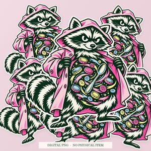 Raccoon Pocket Universe shown in a playful sticker cluster on powder pink. Digital mockup, no physical stickers included.