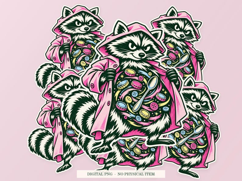 Raccoon Pocket Universe shown in a playful sticker cluster on powder pink. Digital mockup, no physical stickers included.