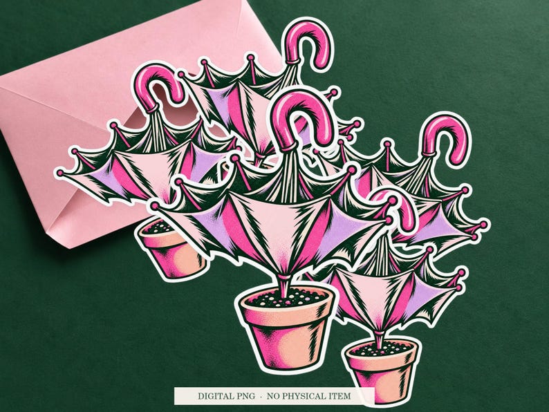 Umbrella Indoor Plant displayed on an envelope with a green background. Digital mockup, no physical item included.