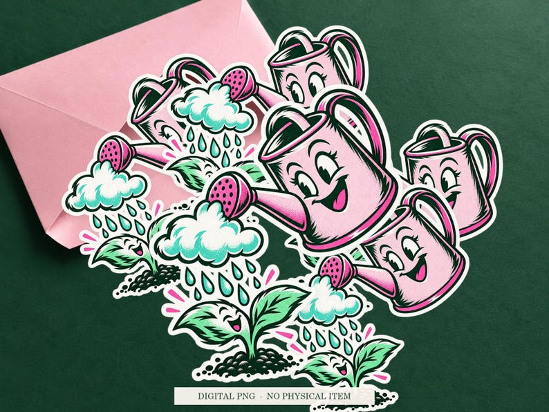 Watering Can Raincloud displayed on an envelope with a green background. Digital mockup, no physical item included.
