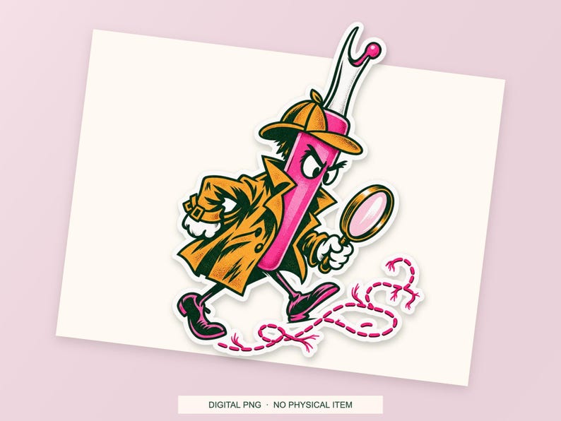 Lucky Somewhere Seam Ripper Detective digital PNG artwork shown in a styled preview. One design. Digital download only, no physical item.