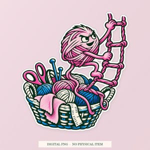 Yarn Escape Route pink and green PNG illustration on a cream listing cover, labeled transparent PNG and digital download. One design; no physical item.
