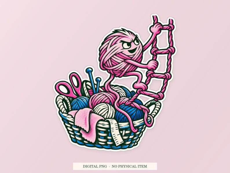 Yarn Escape Route pink and green PNG illustration on a cream listing cover, labeled transparent PNG and digital download. One design; no physical item.