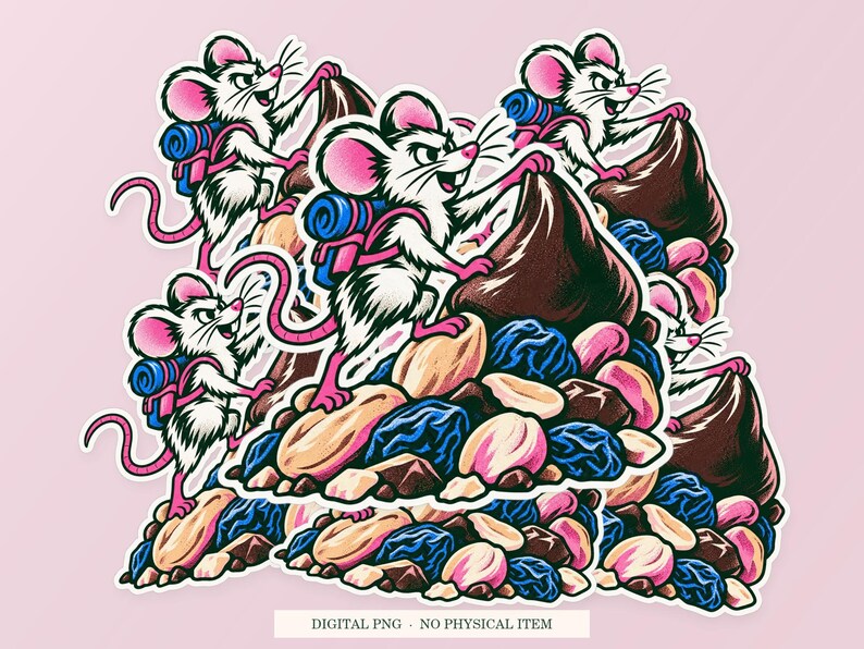 Trail Mix Expedition shown in a playful sticker cluster on powder pink. Digital mockup, no physical stickers included.